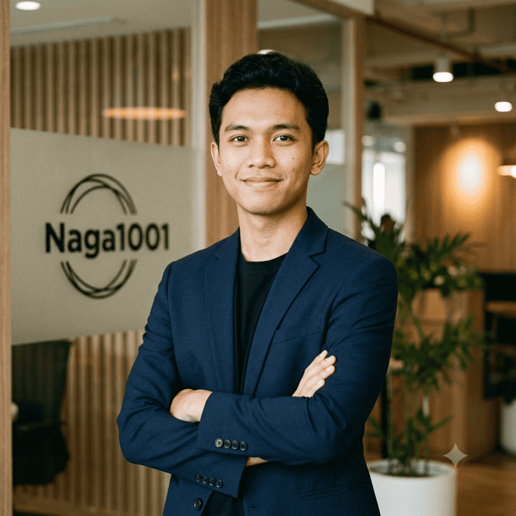 Pribadi profesional pria muda di kantor Naga1001 dengan latar belakang modern.