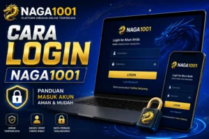 Tampilan login NAGA1001 di laptop dan ponsel dengan logo naga dan kunci keamanan.