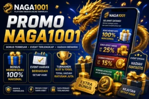 Gambar promosi Naga1001 dengan naga emas dan smartphone menampilkan bonus dan hadiah.