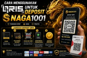 Panduan QRIS untuk deposit Naga1001 dengan gambar ponsel dan QR code.